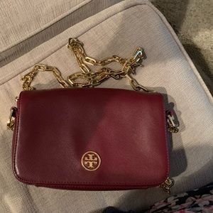 Tory Burch Leather Snap Bag with Gold Chain